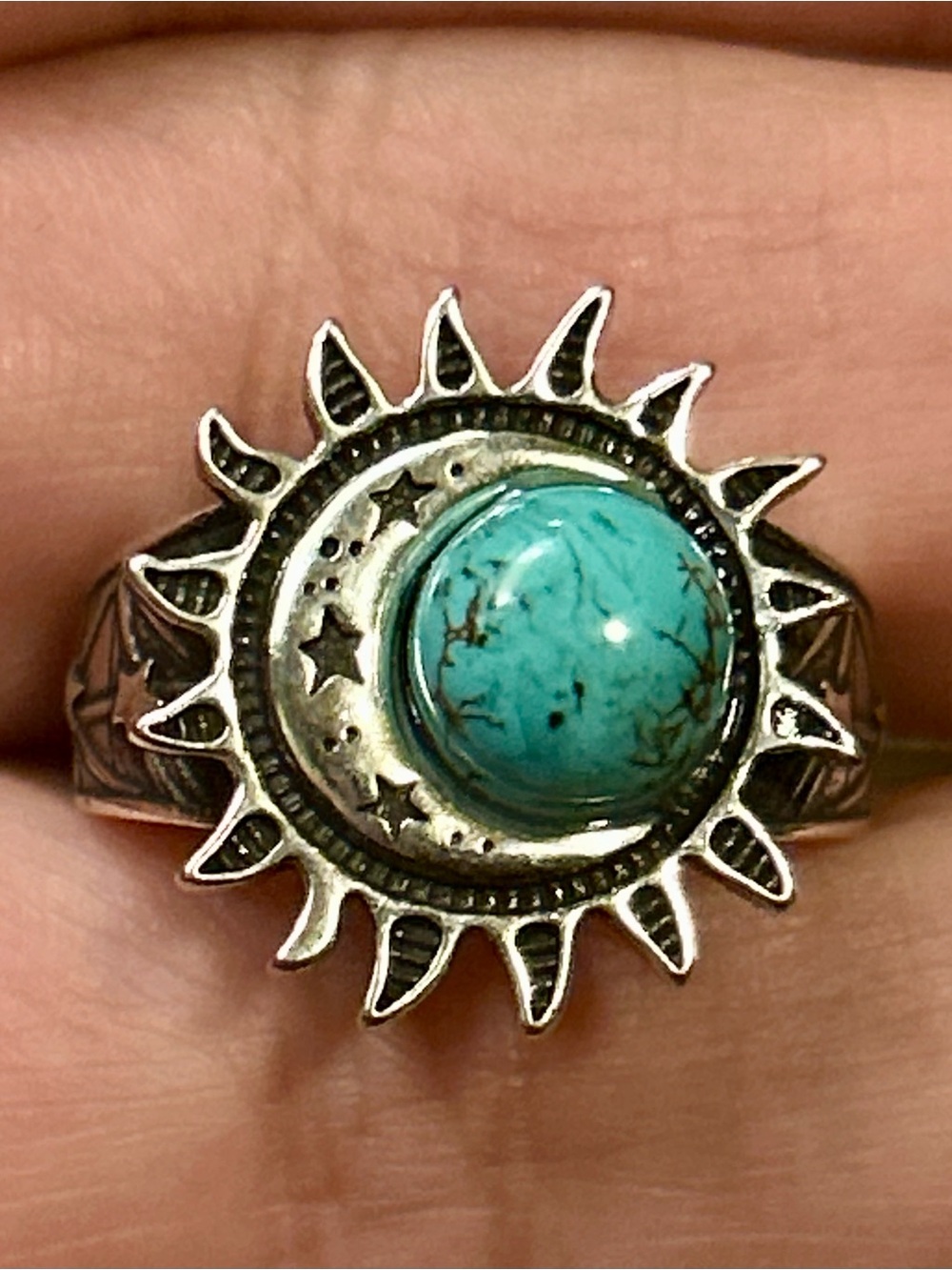 Sun Moon Stars Celestial Turquoise Gem Stone Ring Silver S925